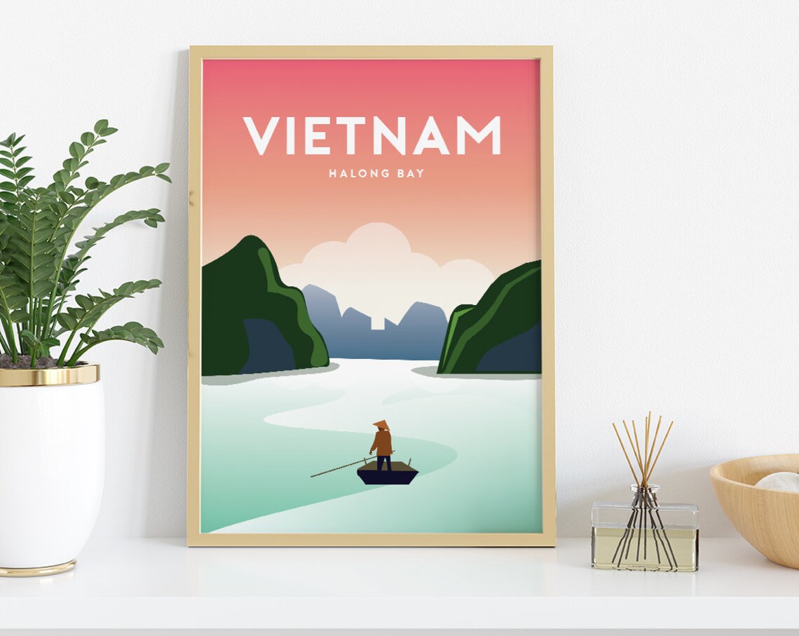 Halong Bay Vietnam Limestone Karsts Fisherman Pastel Travel Poster