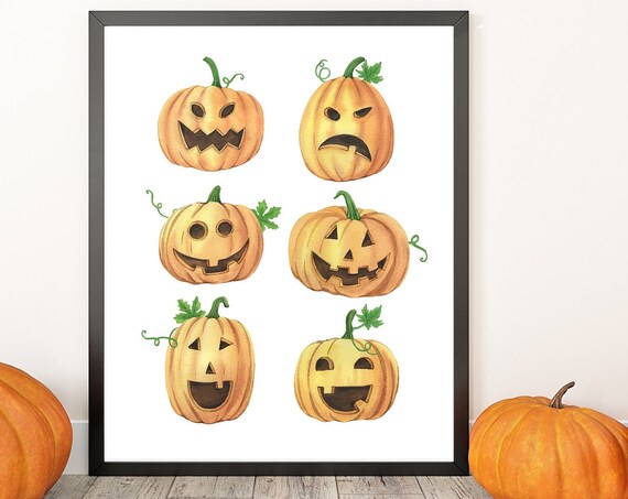 Halloween Pumpkin Jackolanterns Fall Decor Print Watercolor Wall Art Poster Cute Pumpkins