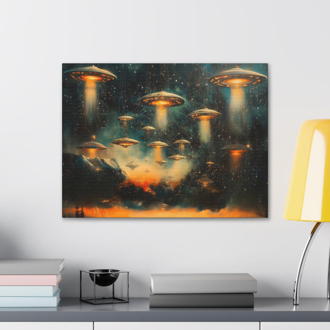 Bright Armada of Glowing UFOs Over Starry Mountain Night Sky Print - Image 2