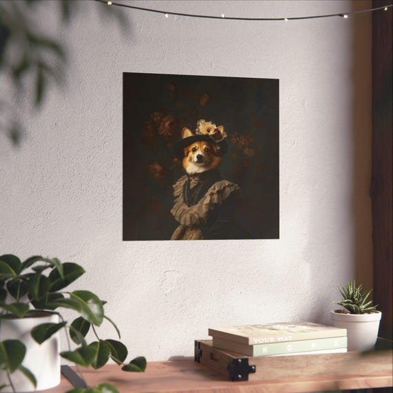 Maximalist Corgi Eclectic Victorian Poster Print Bold Altered Animal Portrait Fantasy Fun Colorful Renaissance Rustic Art