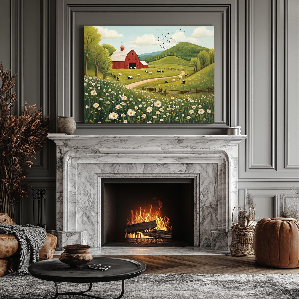 Red Barn Daisy Meadow Hillside Farm Cows Vintage Rustic Wall Art