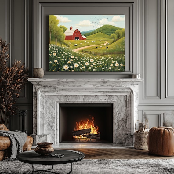 Red Barn Daisy Meadow Hillside Farm Cows Vintage Rustic Wall Art