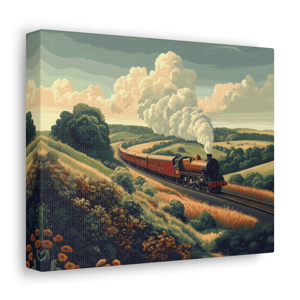 Steam Locomotive Through Countryside Fields Retro Travel Wall Art - Image 2