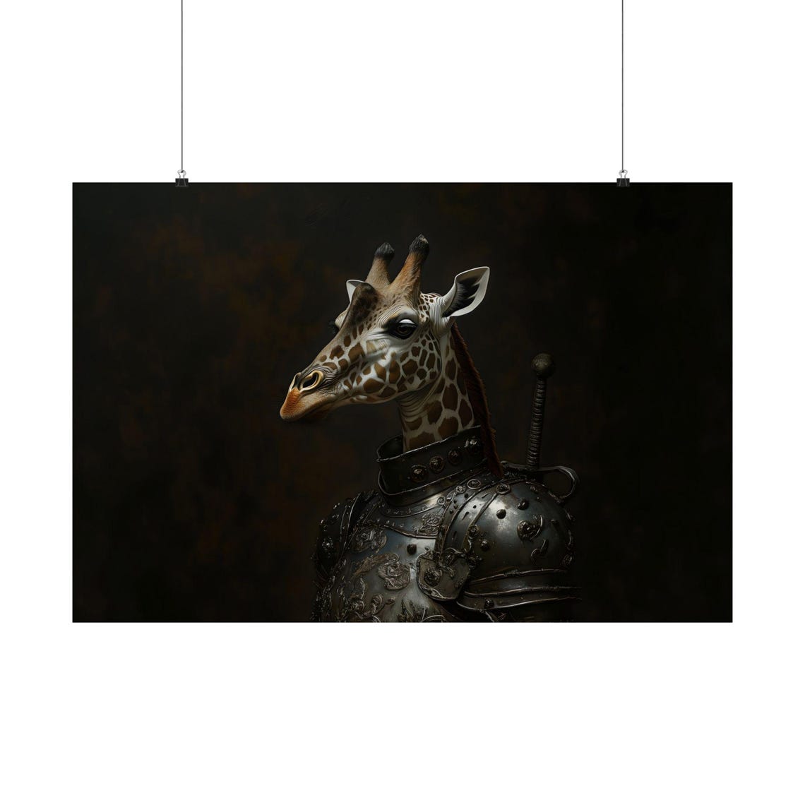 Giraffe Knight In Dark Armor On Black Backdrop Medieval Poster - Image 3