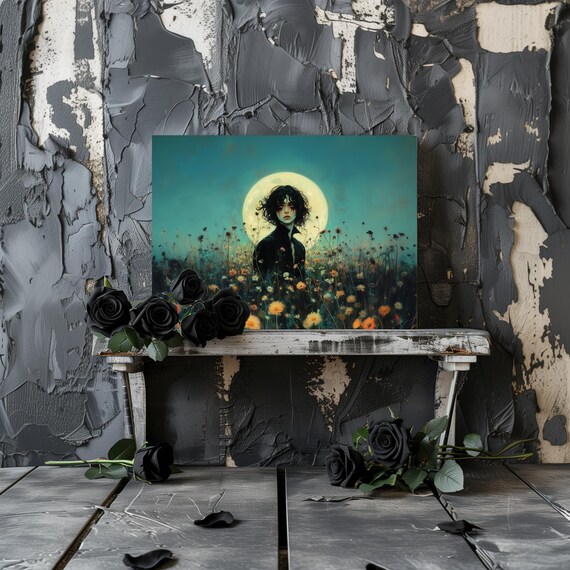 Dark Haired Vampire Among Wildflowers Beneath a Full Moon Gothic Art Poster