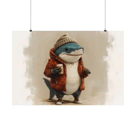 Hipster Shark Coffee Maximalist Eclectic Victorian Poster Print Bold Altered Party Animal Portrait Fantasy Colorful Renaissance Rustic