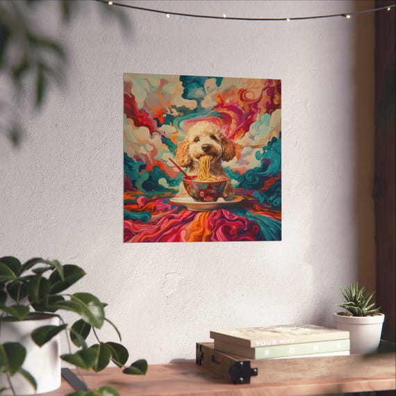 Maximalist Eclectic Ramen Golden Doodle Poster Print Bold Altered Animal Portrait Fantasy Fun Colorful Renaissance Rustic Art