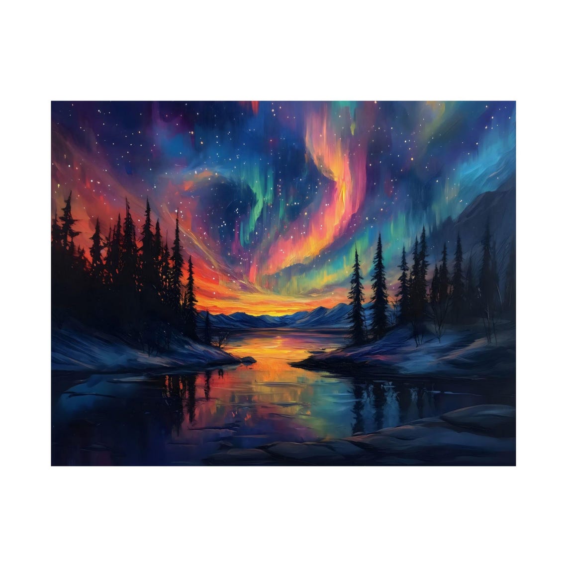 Northern Lights Over Snowy Pine Forest Lake Reflections Poster - Image 3