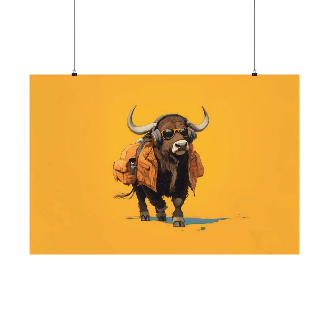 Funky Buffalo in Sunglasses Headphones Yellow Backdrop Poster