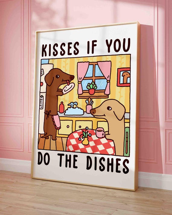 Doxie Doing The Dishes Print Cute Dogs In Kitchen Retro Diner Poster Quirky Funny Wiener Dog Wall Decor Trendy Art