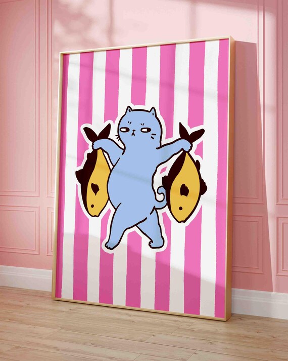 Funny Blue Cat Carrying Two Fish Pink Striped Cute Nursery Wall Art