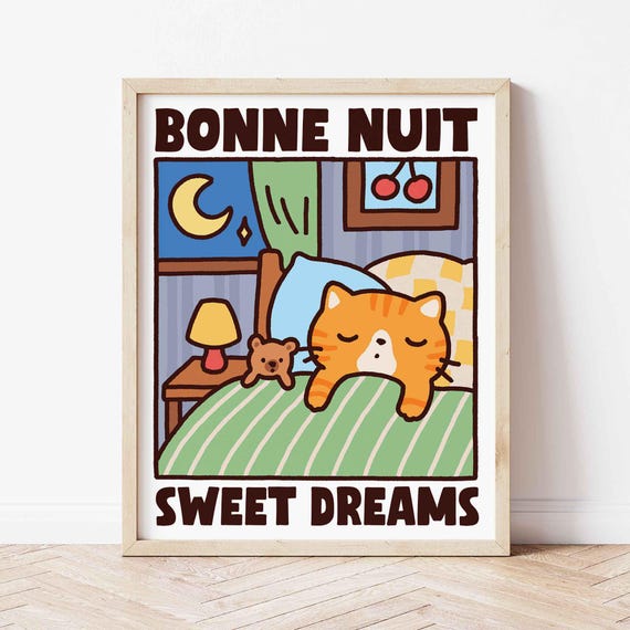 Bonne Nuit Sweet Dreams Cat Print Cute Quirky Orange Mom Gift Kids Bedroom Poster Unframed Shipped Wall Art Retro