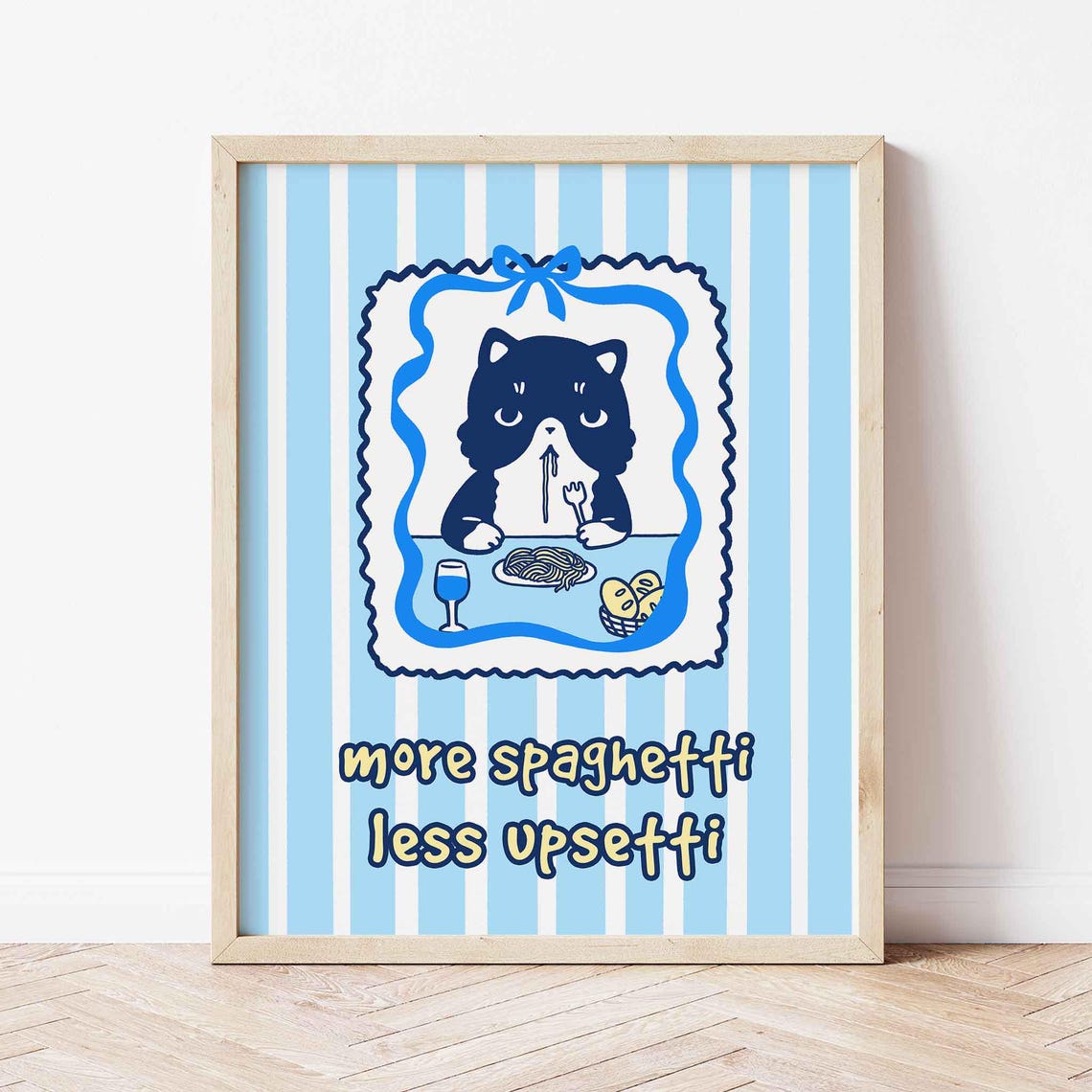 Funny Cat Eating Spaghetti More Spaghetti Less Upsetti Kitchen Poster