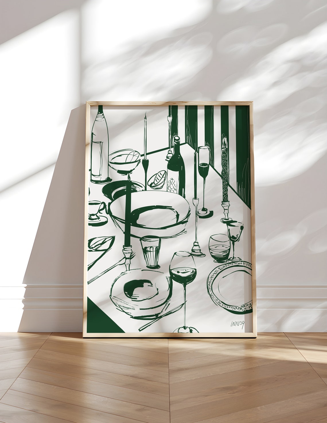 Green Ink Dinner Table Sketch Wine Glasses Classic Kitchen Poster - Image 4