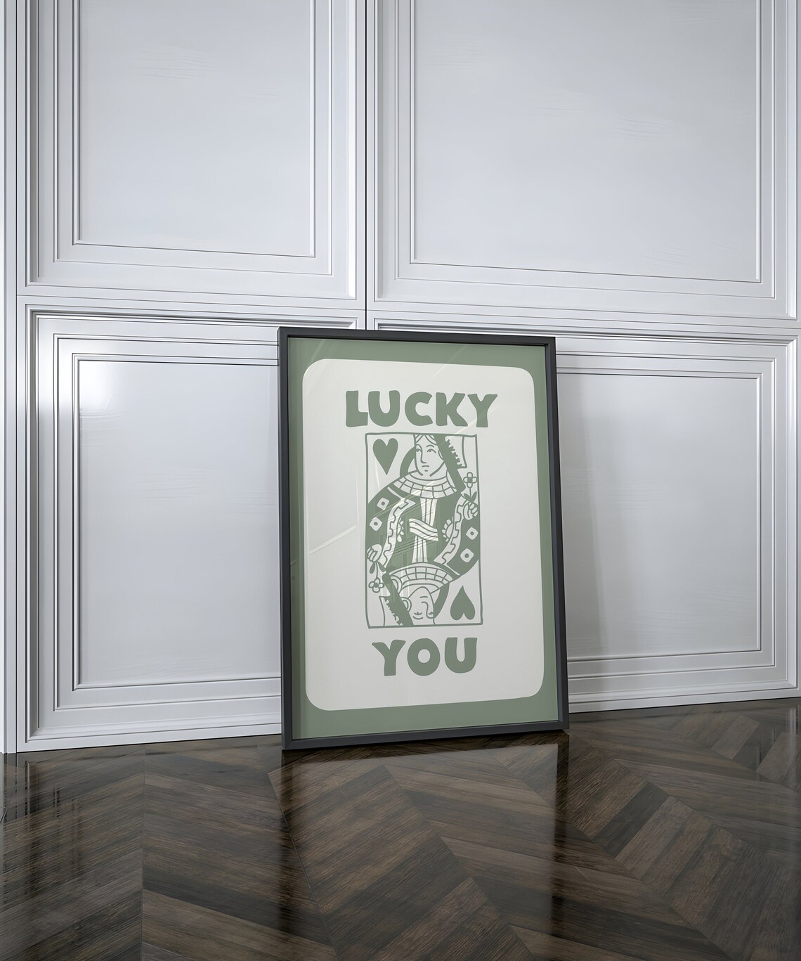 Lucky You Queen of Hearts Green Playing Card Illustration Poster - Image 2