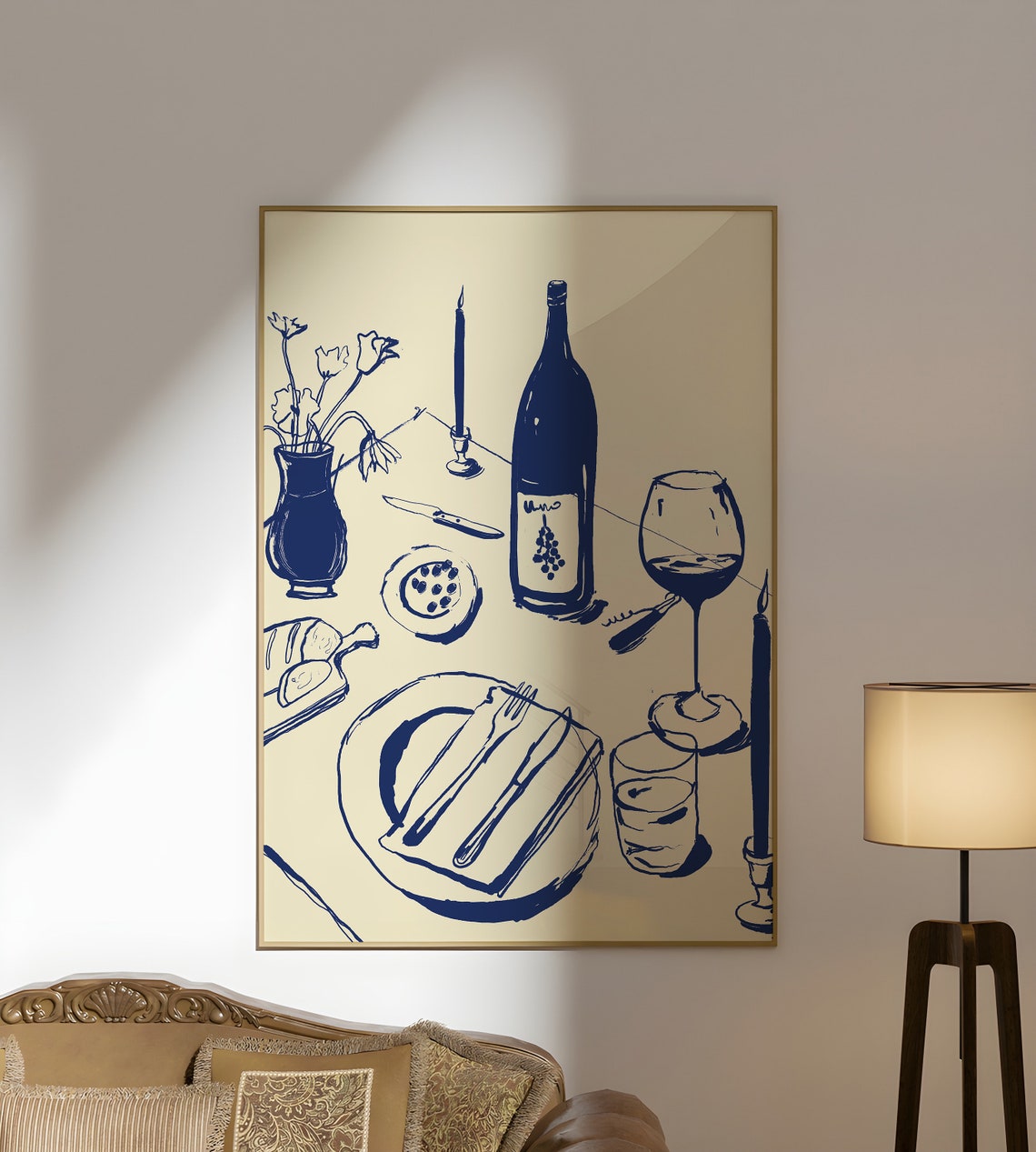 Navy Blue Dinner Party Table Setting Wine Sketch Illustration Poster - Image 3
