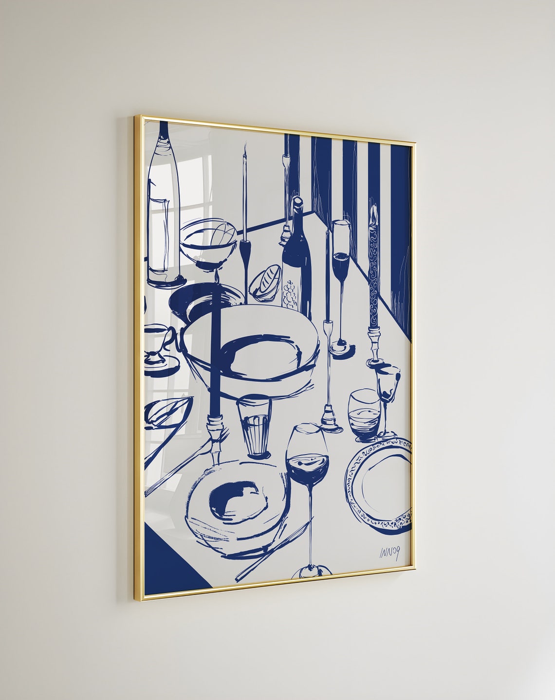 Blue Ink Dinner Table Sketch Wine Glasses Modern Kitchen Poster