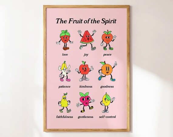 Fruit Of The Spirit Wall Art Poster Pink Retro Mascot Wall Art Christian Wall Art Trendy Posters Bible Verse Wall Art Cute Wall Print