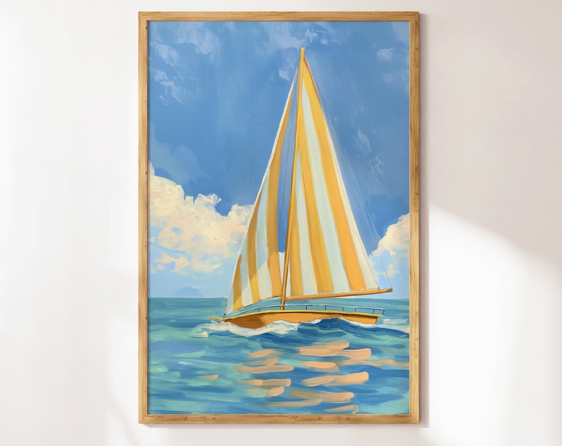 Golden Sailboat Ocean Painting Nautical Sailing Decor Poster
