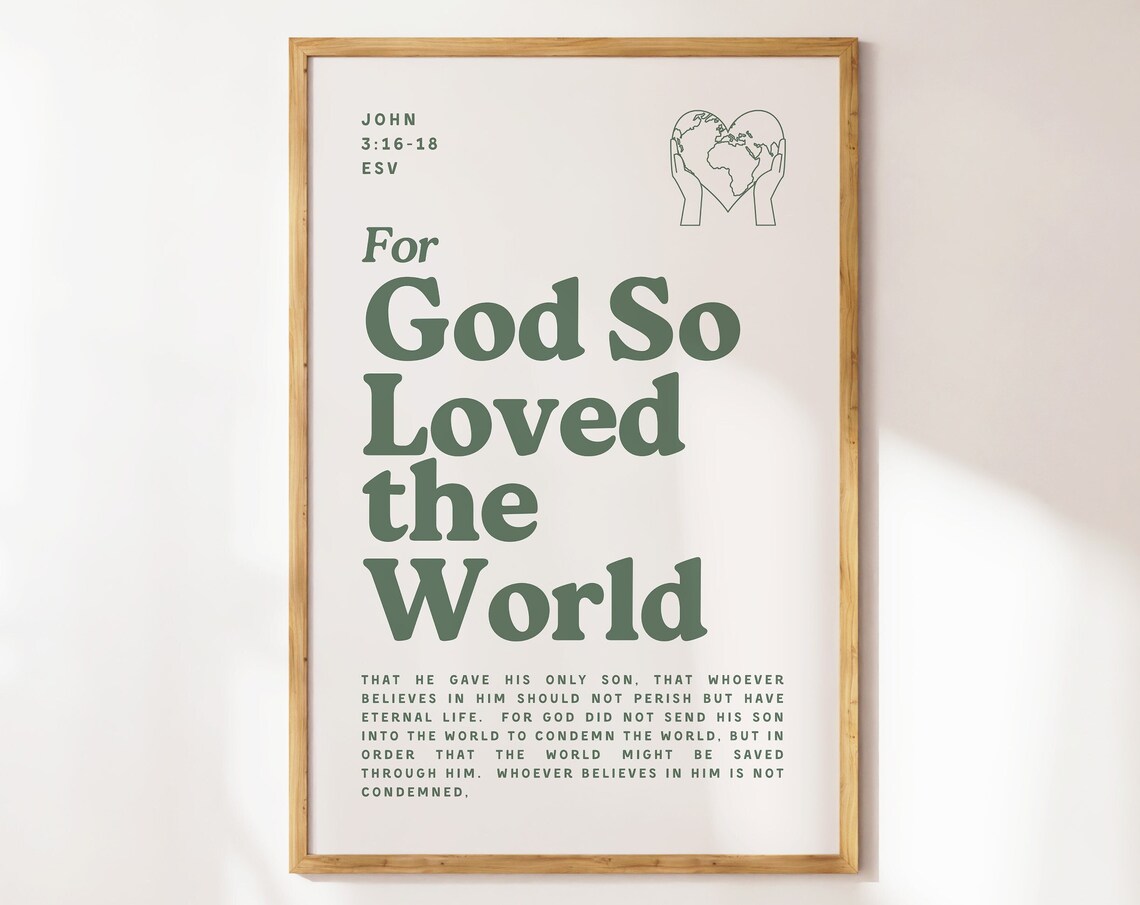 For God So Loved the World John 3 16 18 Sage Green Bible Verse Christian Poster