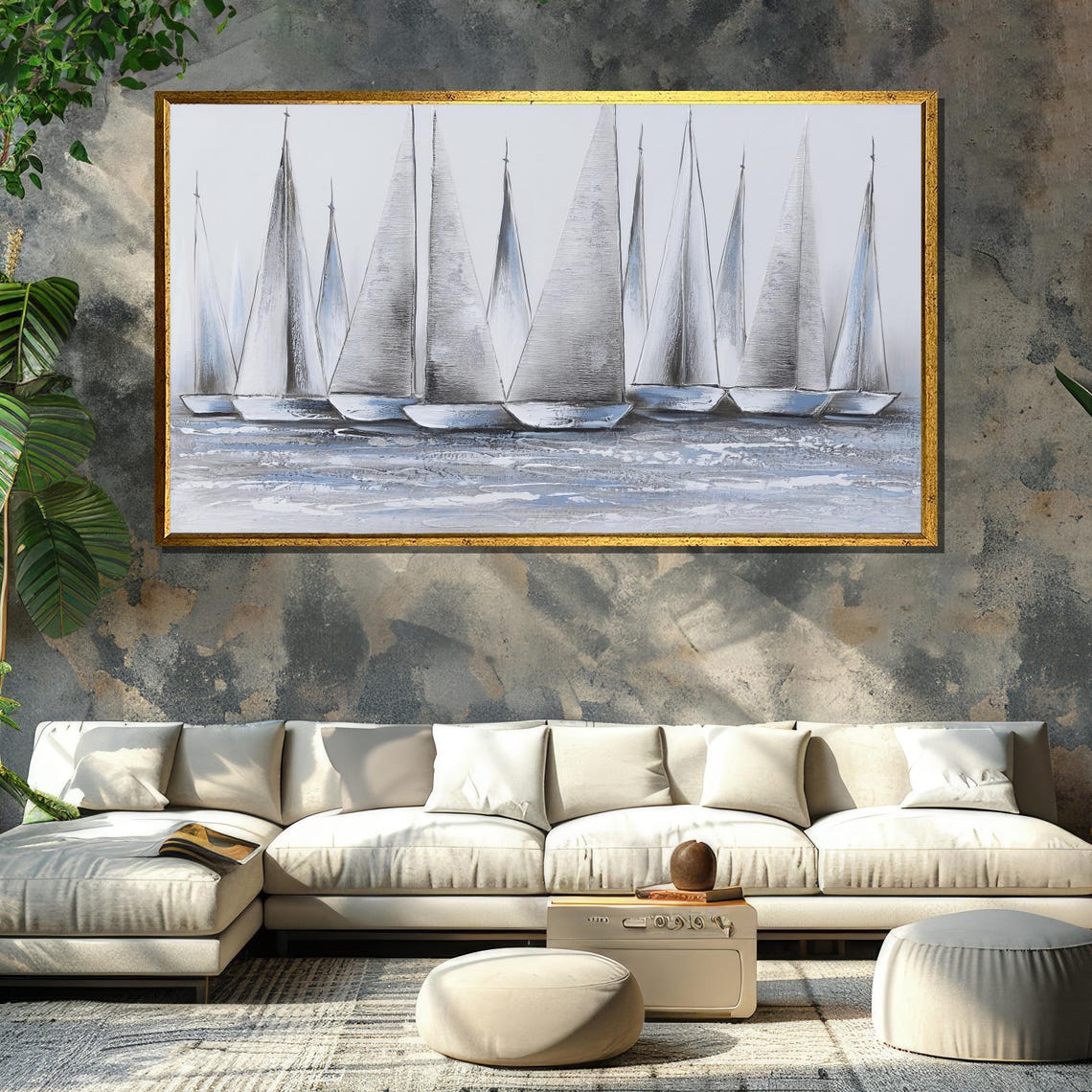 Classic White Sailboats Gliding On Calm Grey Blue Waters Poster - Image 6