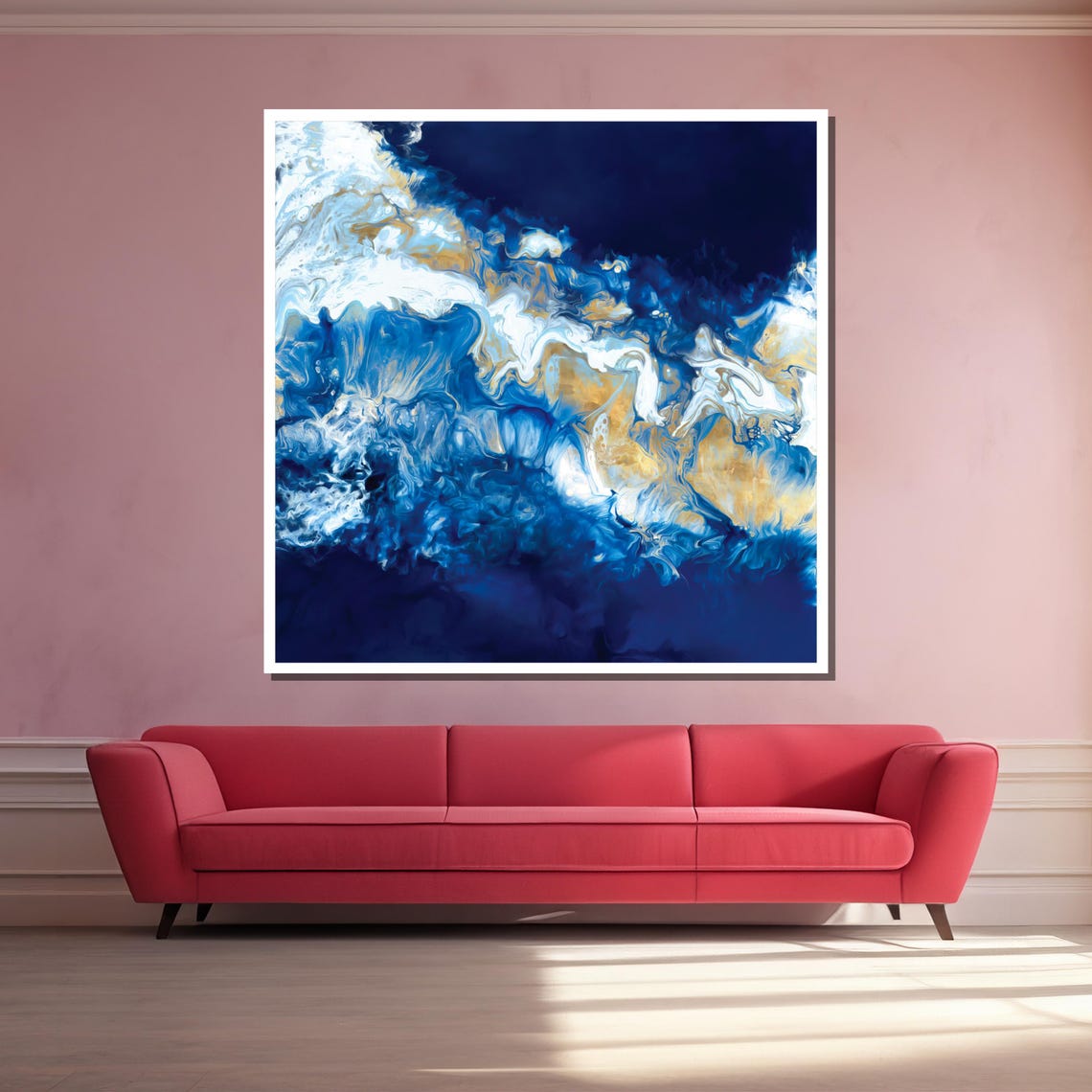 Abstract Navy Blue Gold and White Ocean Waves Fluid Art Poster - Image 3