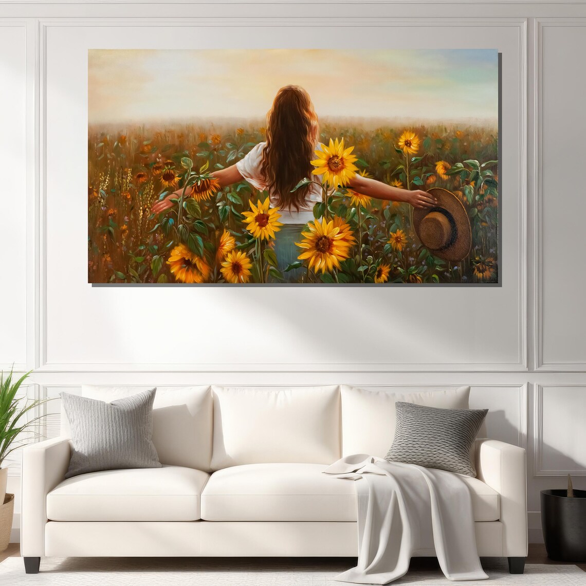 Woman With Arms Wide Open In Golden Sunflower Field Scene Poster - Image 2