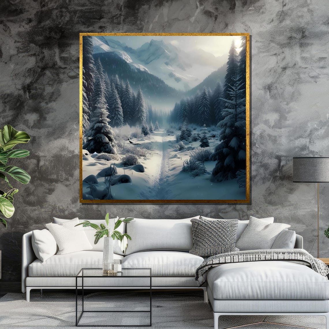 Snowy Mountain Forest Path in Blue Winter Wonderland Scenery Poster - Image 6