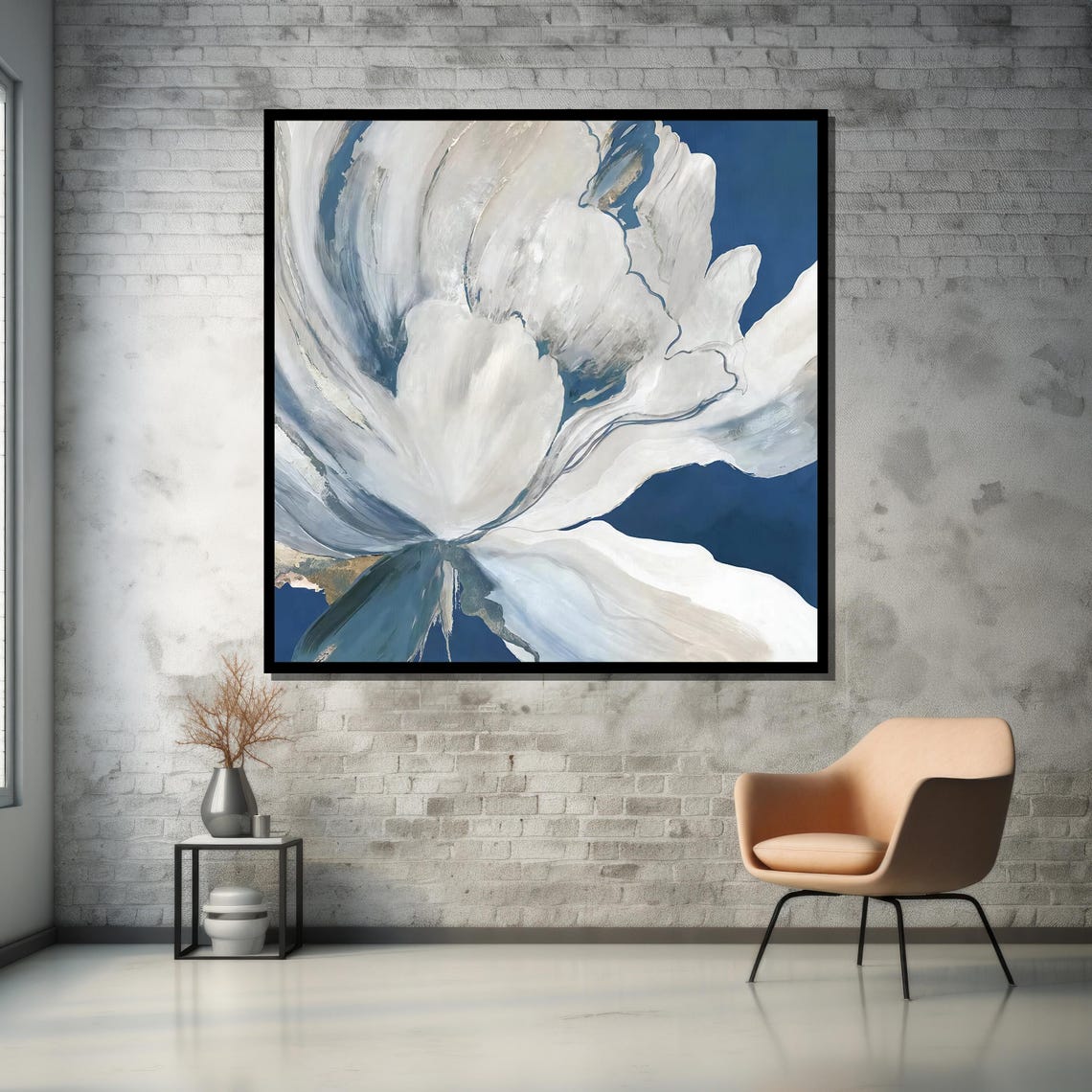 White Abstract Flower Against Deep Blue Modern Floral Art Poster - Image 5