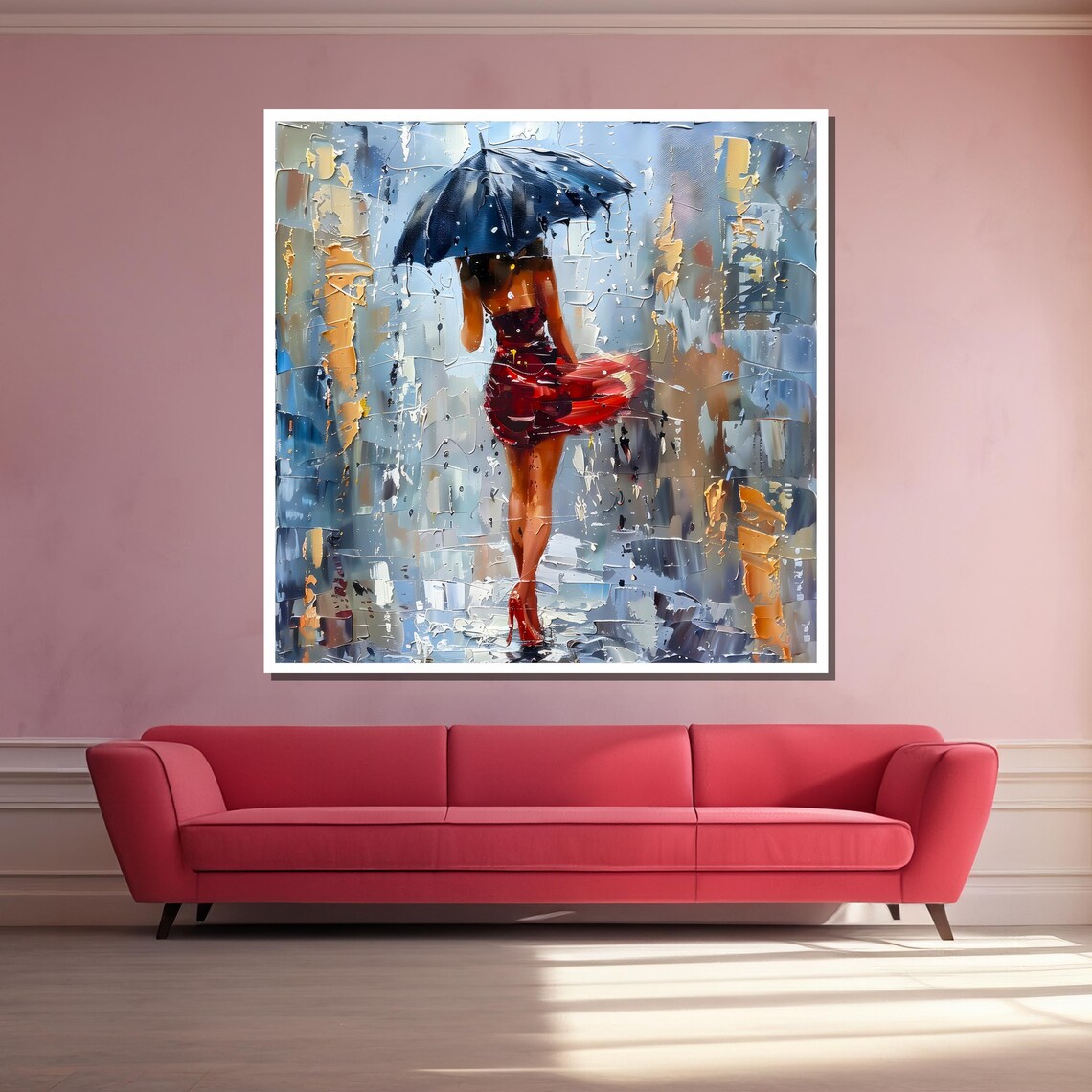 Lady In Red Dress With Umbrella Walking In Rainy City Poster - Image 3