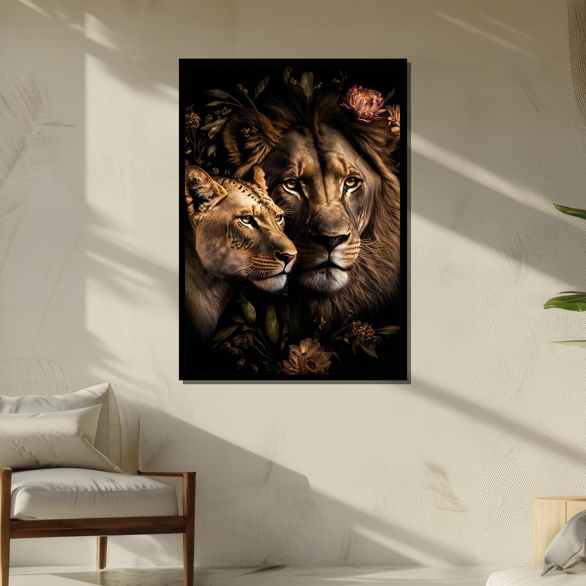 Lion and Lioness Close-Up With Dark Floral Background Art Poster - Image 5