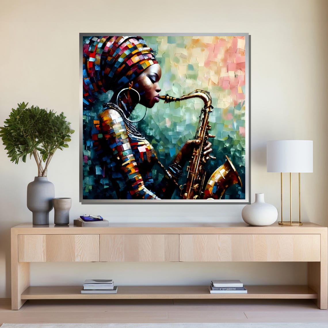 Jazz Woman with Saxophone Colorful Mosaic Poster for Music Room - Image 4