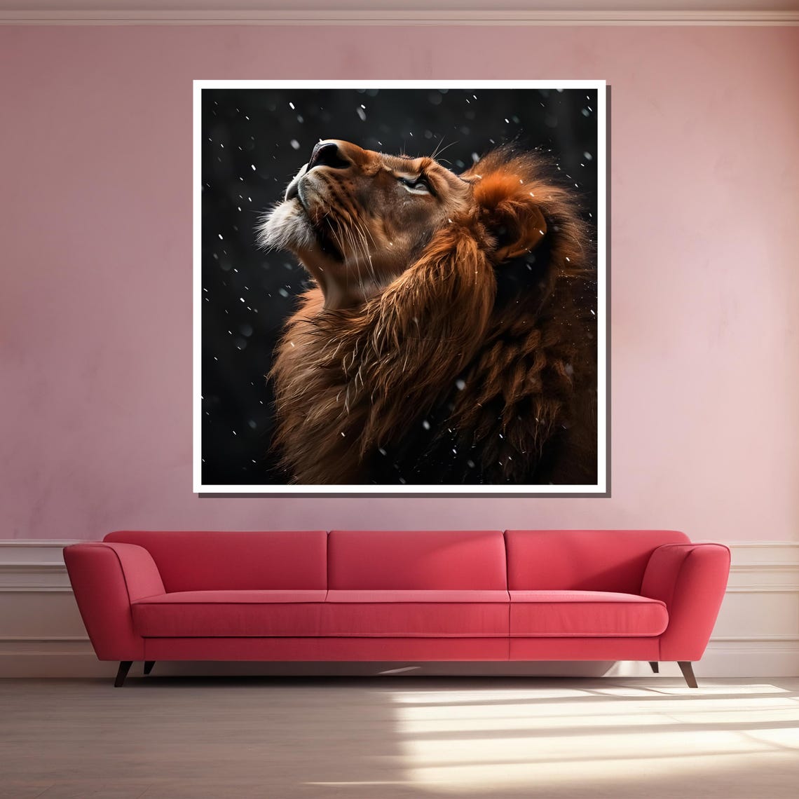 Majestic Lion Gazing Skyward Snow Dark Dramatic Wildlife Poster - Image 3