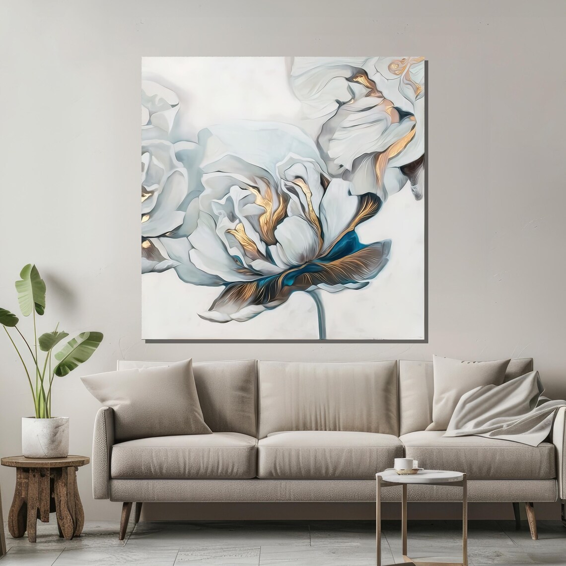 White Peony With Blue and Gold Accents Large Modern Floral Art Poster - Image 2