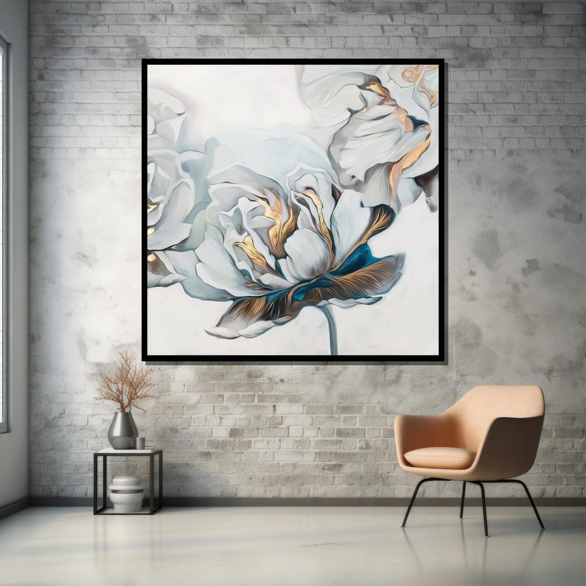 White Peony With Blue and Gold Accents Large Modern Floral Art Poster - Image 5