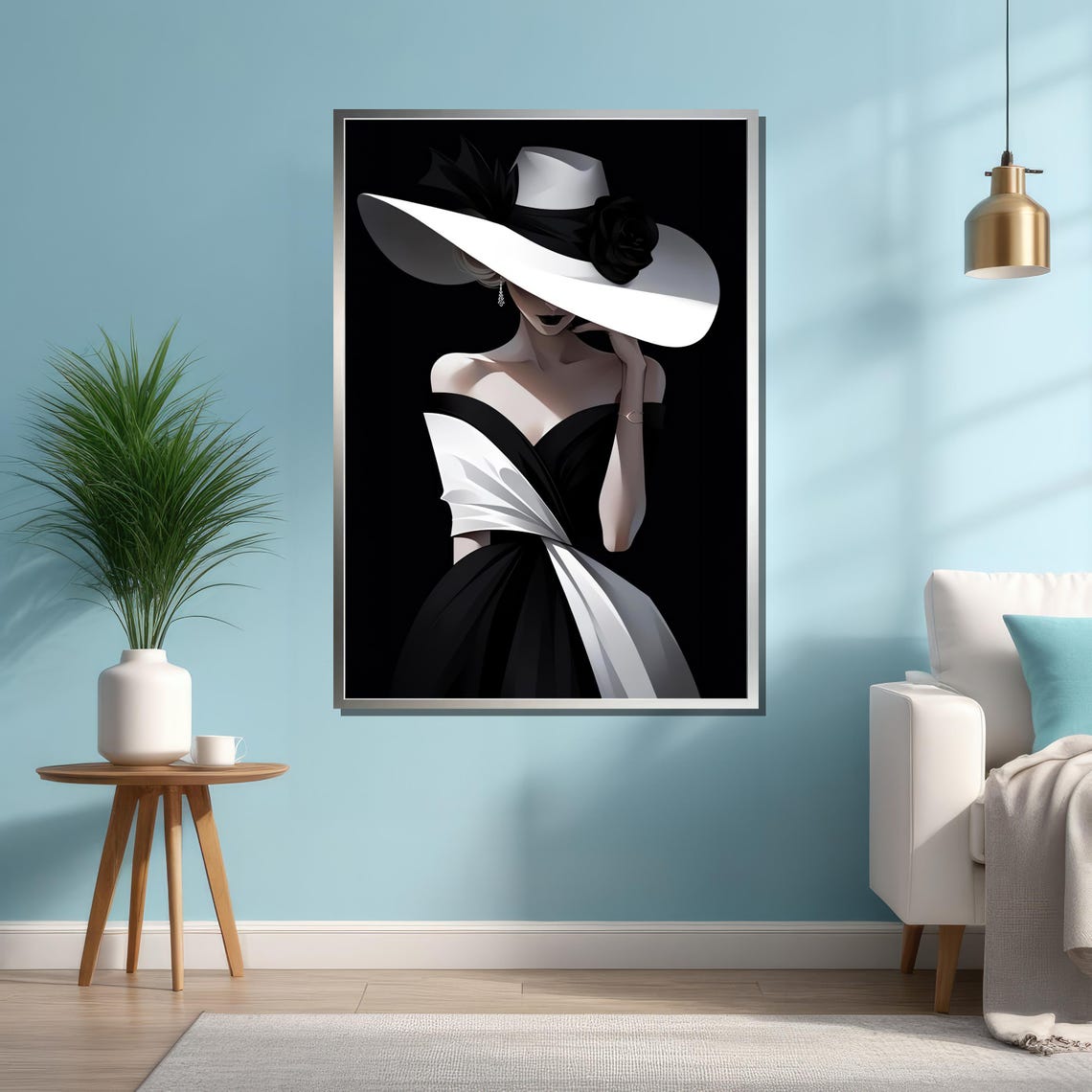 Chic Black And White Lady In Elegant Wide Brim Hat Fashion Poster - Image 4