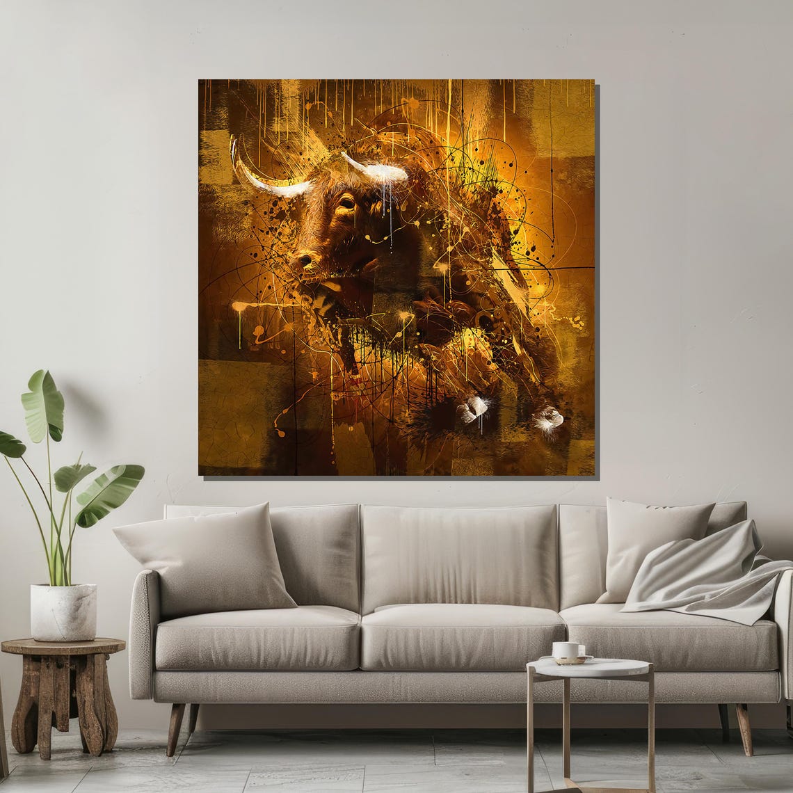 Golden Bull Abstract Splatter Rustic Western Art Poster for Office - Image 2