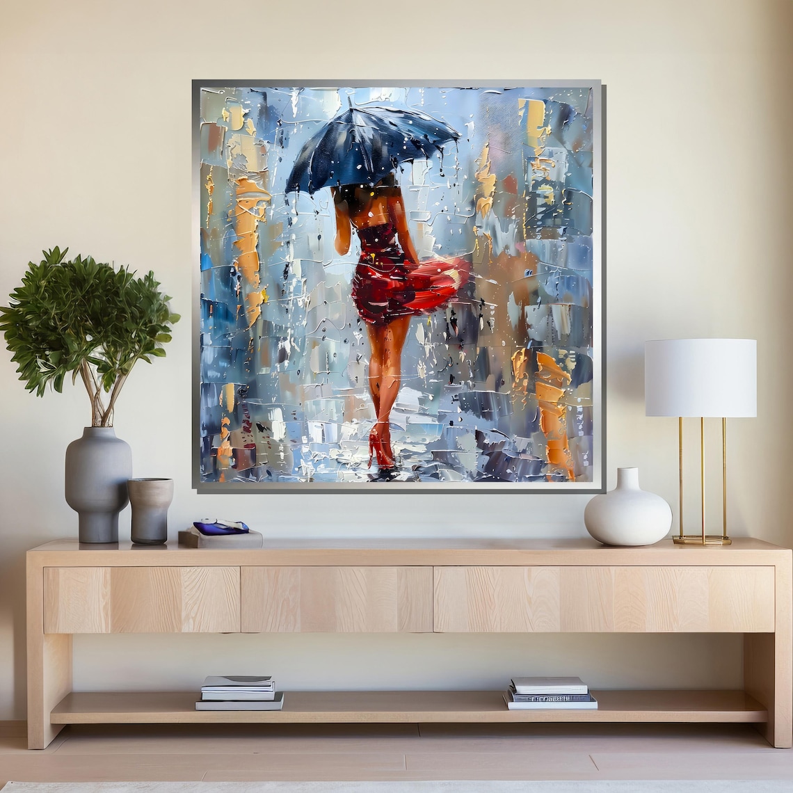 Lady In Red Dress With Umbrella Walking In Rainy City Poster - Image 4