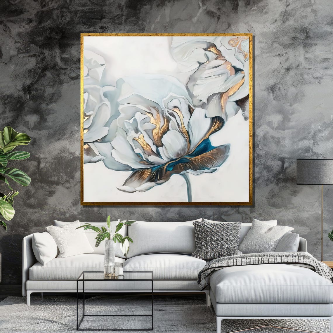 White Peony With Blue and Gold Accents Large Modern Floral Art Poster - Image 6