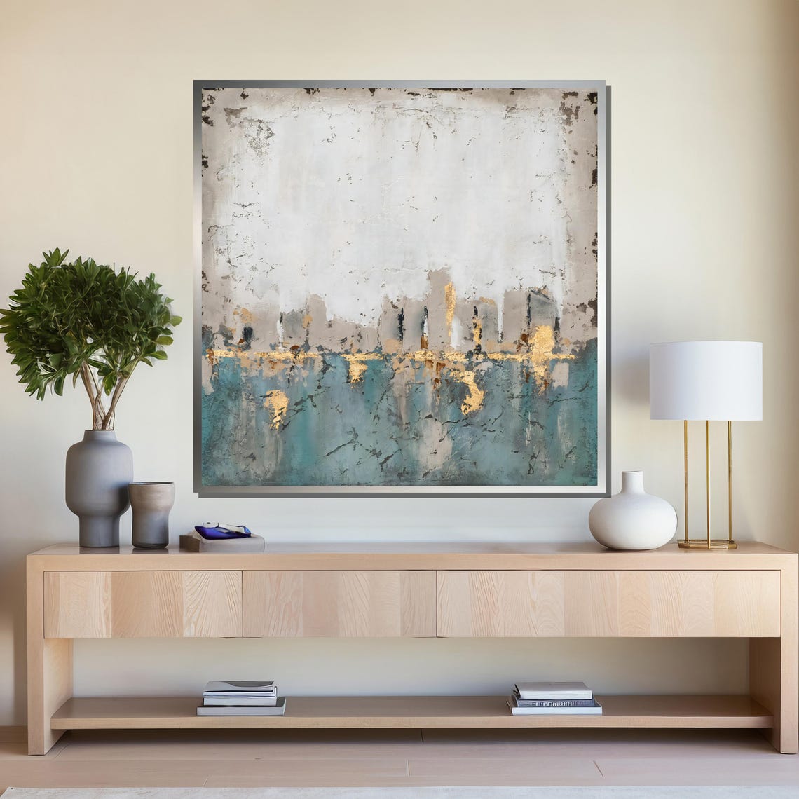 Abstract Teal and Gold City Skyline Textured Modern Art Poster - Image 4