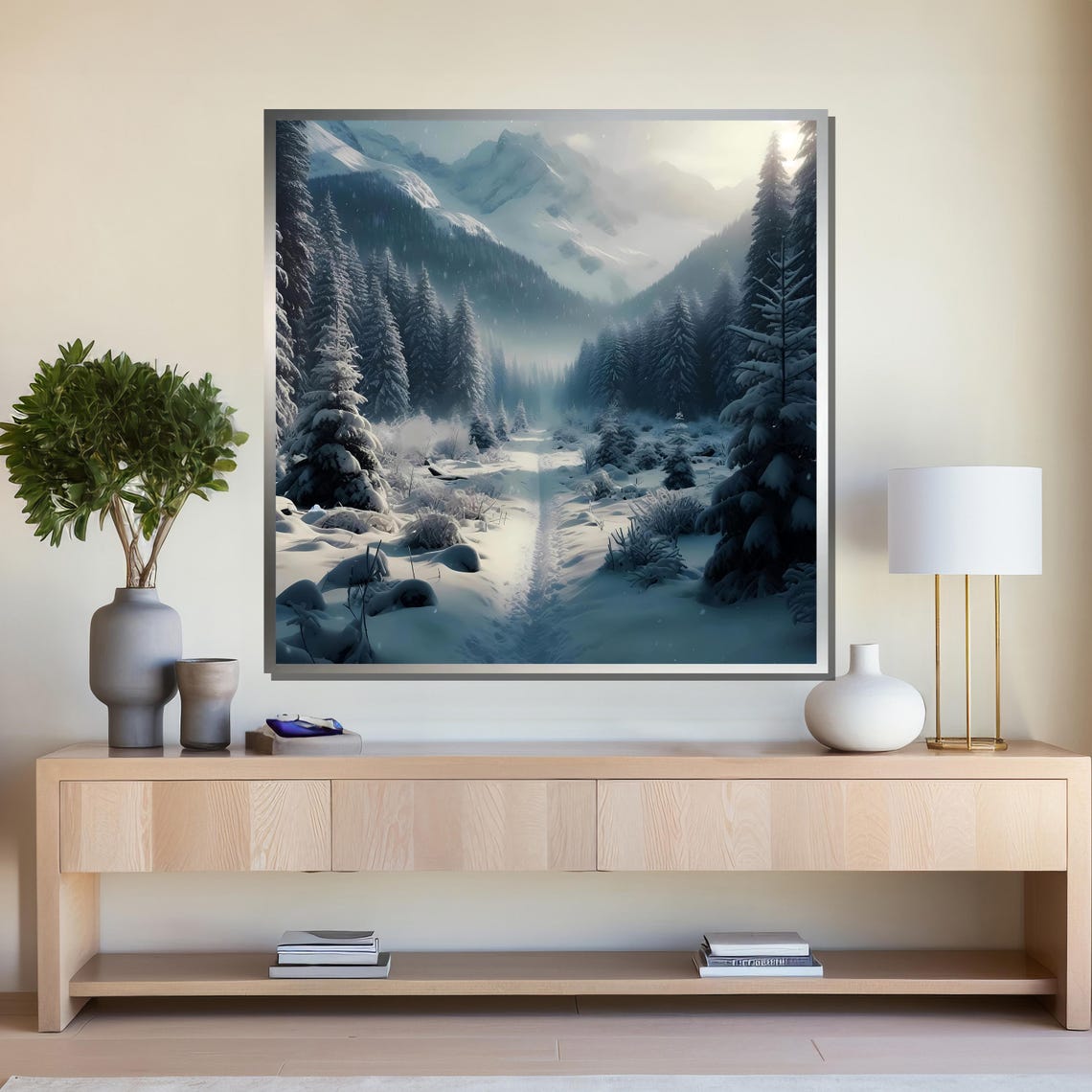 Snowy Mountain Forest Path in Blue Winter Wonderland Scenery Poster - Image 4