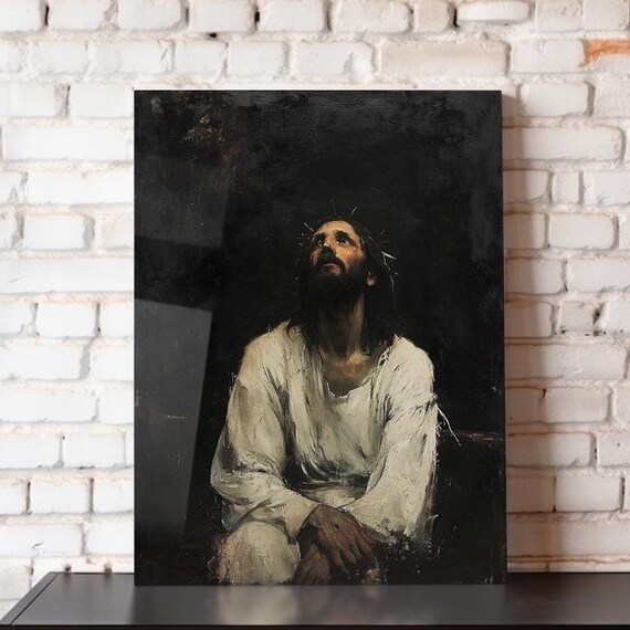 Seated Jesus In White Robe Crown Of Thorns Looking Up Dark Art Poster