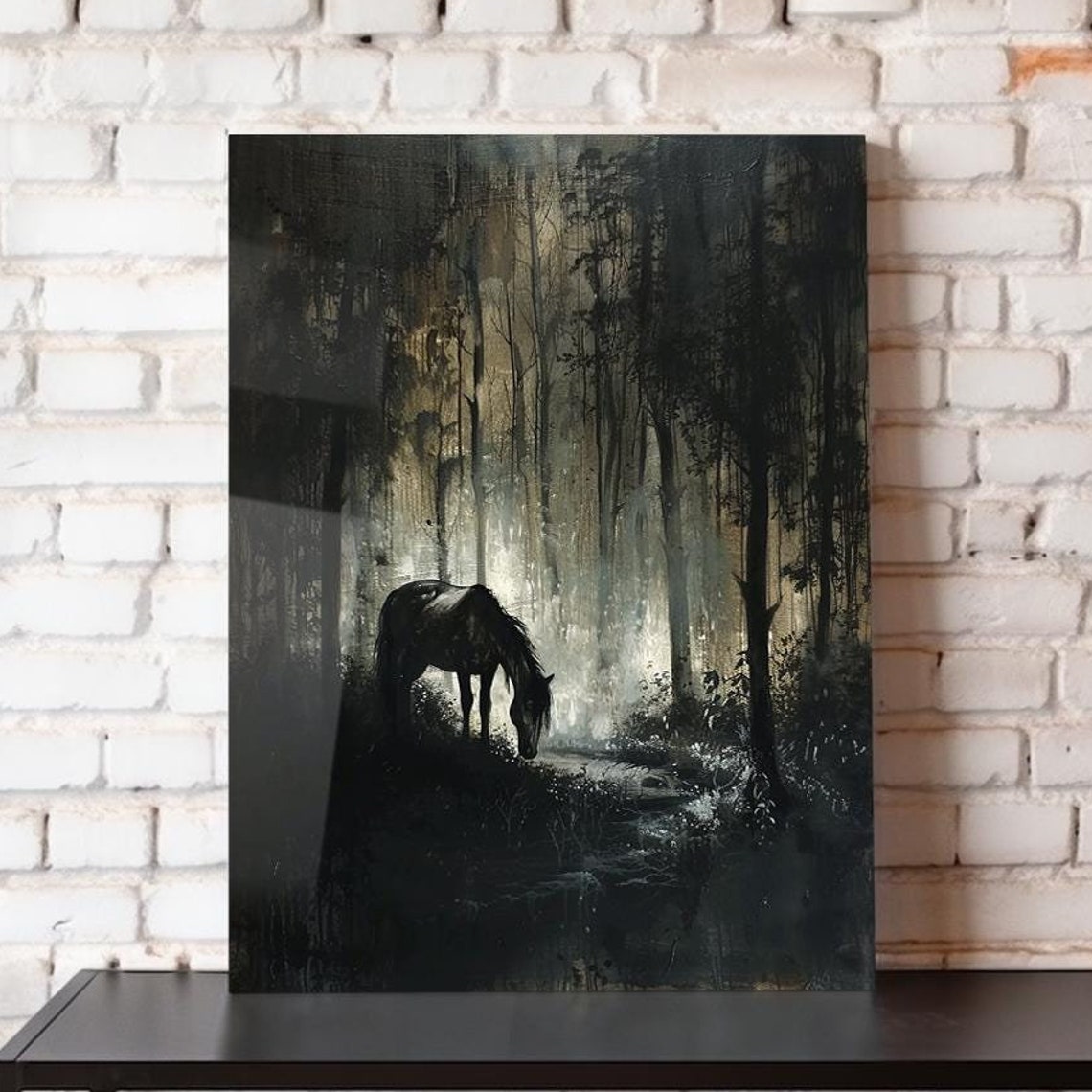 Black Horse Grazing In Misty Dark Forest Moody Gothic Wall Art Poster