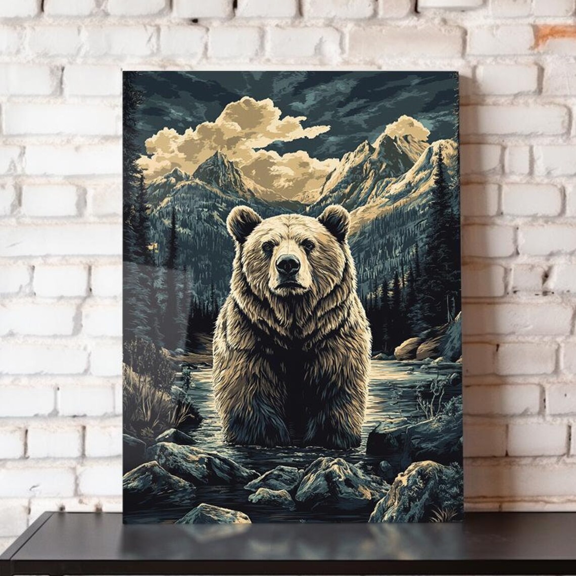 Brown Bear In Mountain River Vintage National Park Style Wildlife Poster