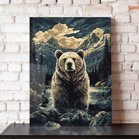 Brown Bear In Mountain River Vintage National Park Style Wildlife Poster