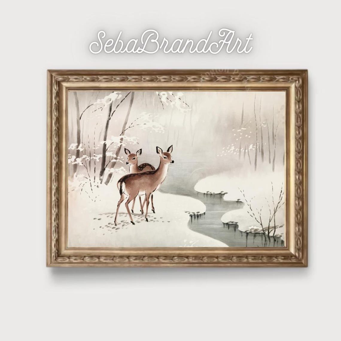 Two Young Deer By A Snowy Stream In A Misty Winter Forest Poster - Image 2