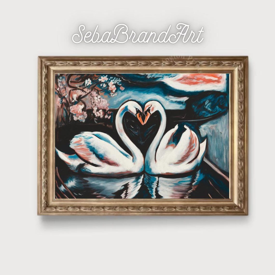Munch Style Swan Love Heart Art Expressionist Art With Bold Colors Instant For Modern Home Decor - Image 2