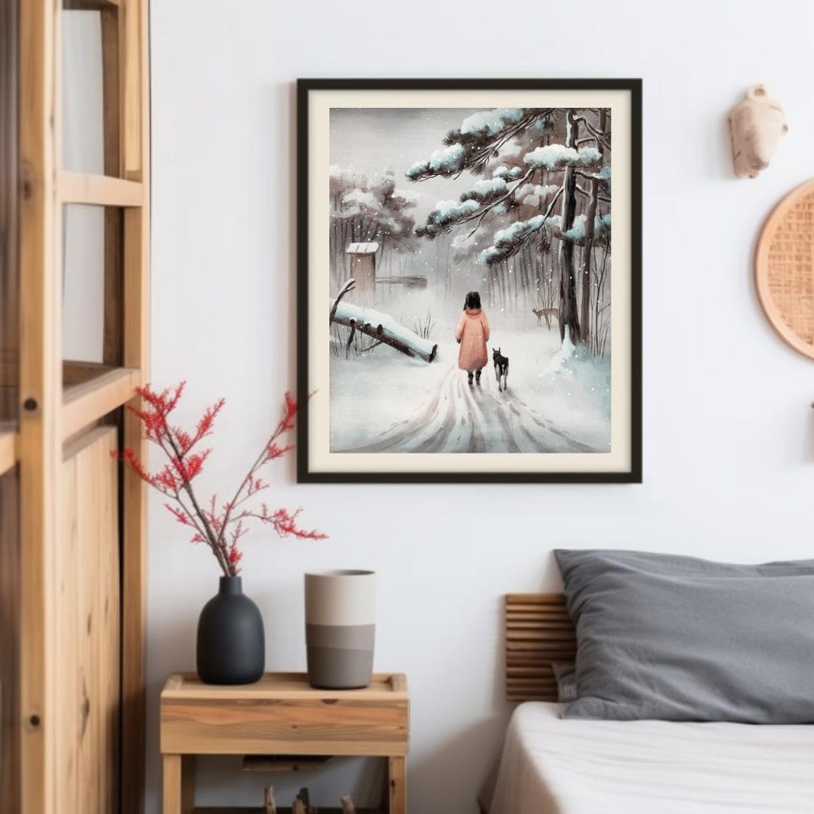 Girl In Pink Coat Walking Her Dog Through A Snowy Winter Forest Poster - Image 3