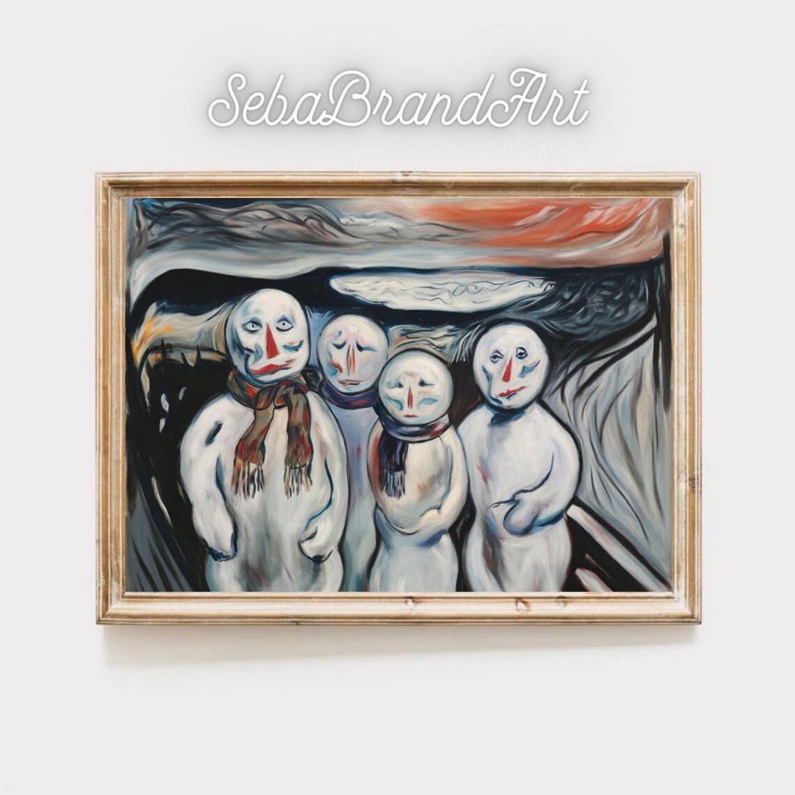 Melancholic Snowman Family Under Swirling Sky Expressionist Art Poster