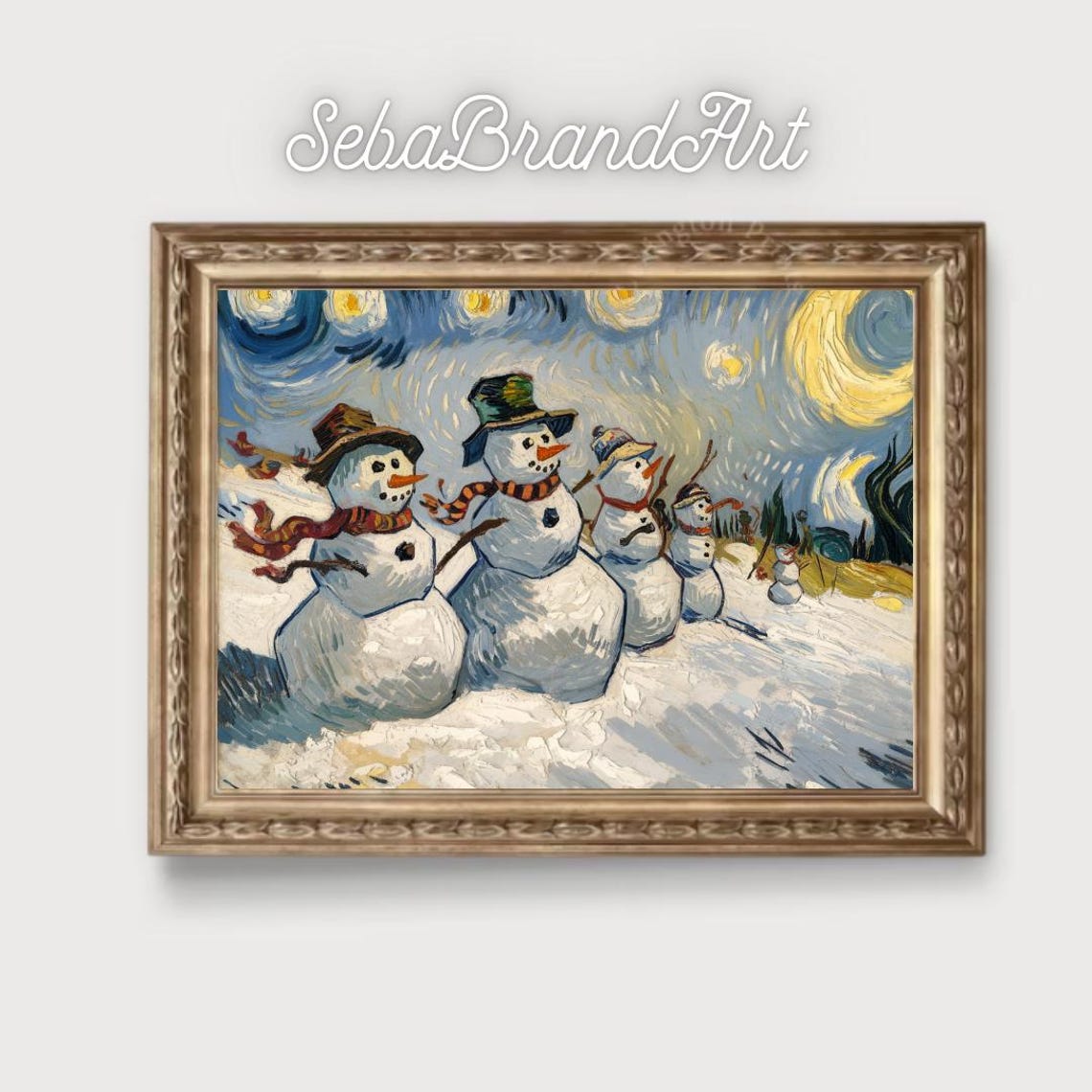 Van Gogh Inspired Snowmen Under A Swirling Starry Night Sky Poster - Image 2